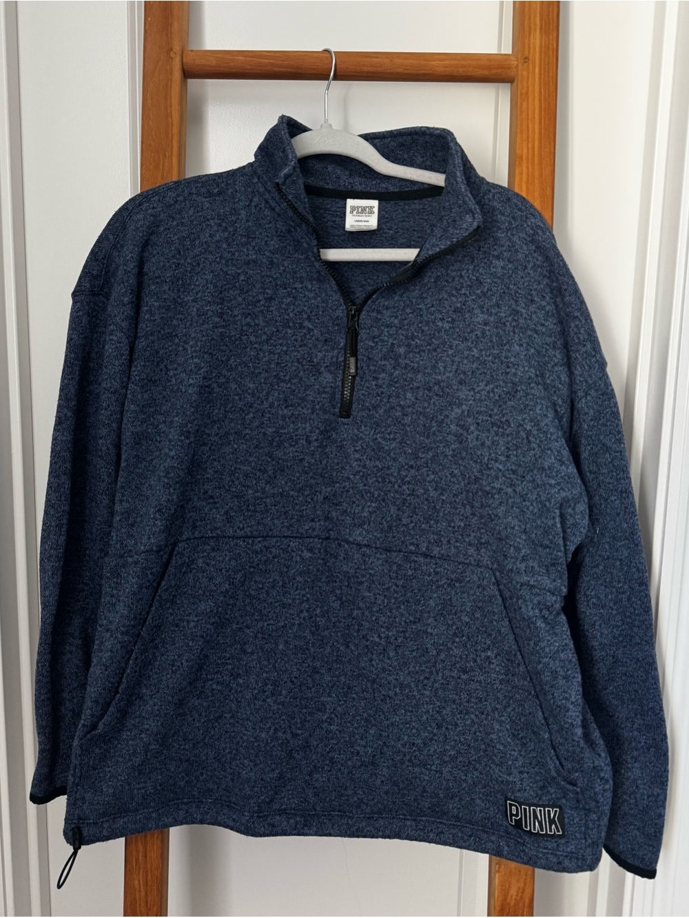 PINK Blue Quarter Zip Pullover Sweatshirt Women’s Sz  L Relaxed Fit Pockets Logo